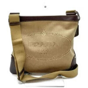 Prada Shoulder Bag Crossbody Logo Jacquard Brown Canvas Leather